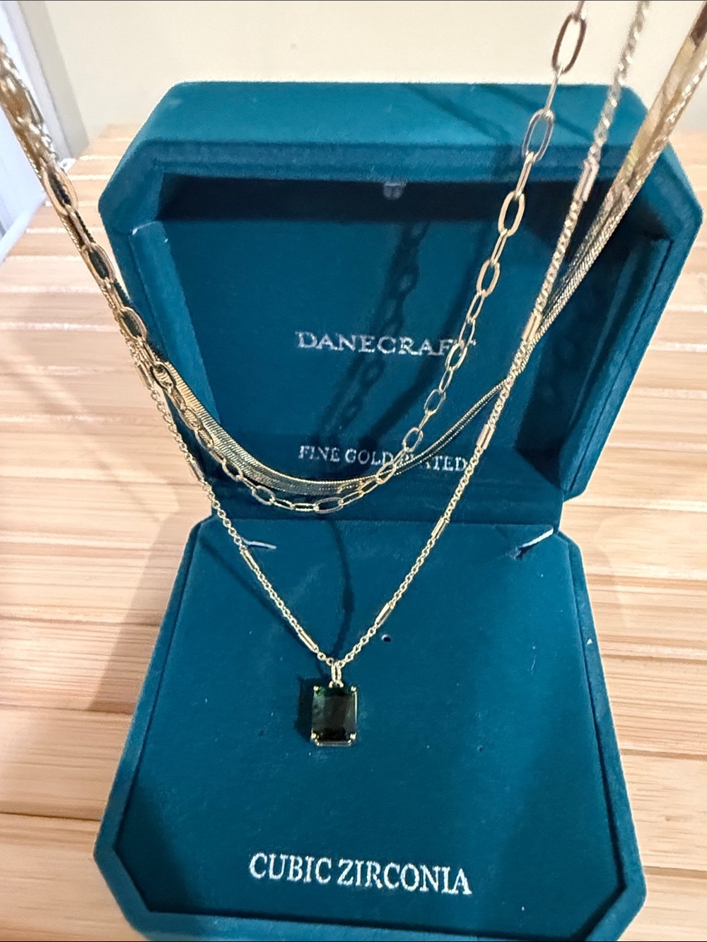 Danecraft Gold Tone Layered Cable Chain Necklace Green CZ Rectangle Pendant